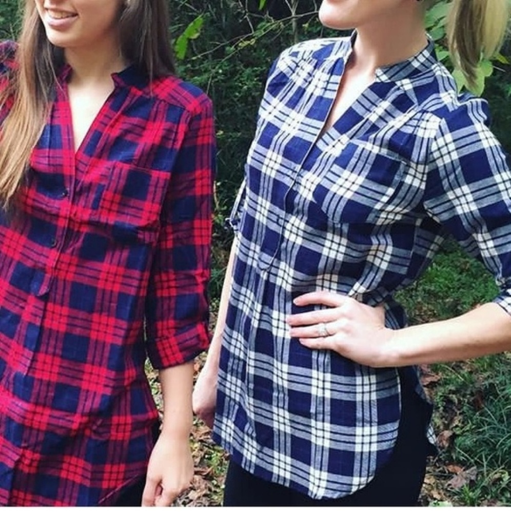  top by Fun2Fun cabin fever plaid blue shirt..small size